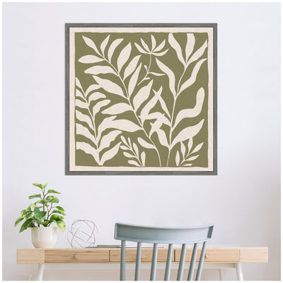 Sylvie Modern Minimalist Botanical Green and Neutral Linen Framed Canvas by The Creative Bunch Studio