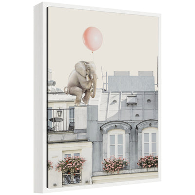 Sylvie Elephant in Paris framed canvas art showing an elephant holding balloons on a Paris street scene