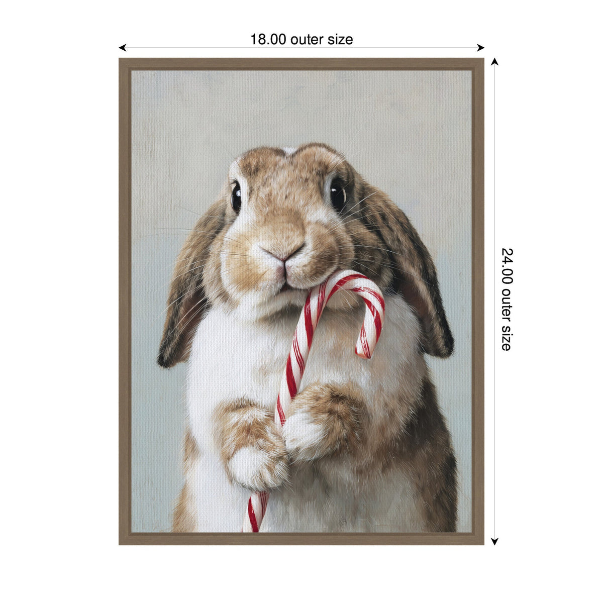 Brown and white bunny holding a red and white striped candy cane, shown on a light gray background in a simple brown frame with 18x24 inch outer dimensions.