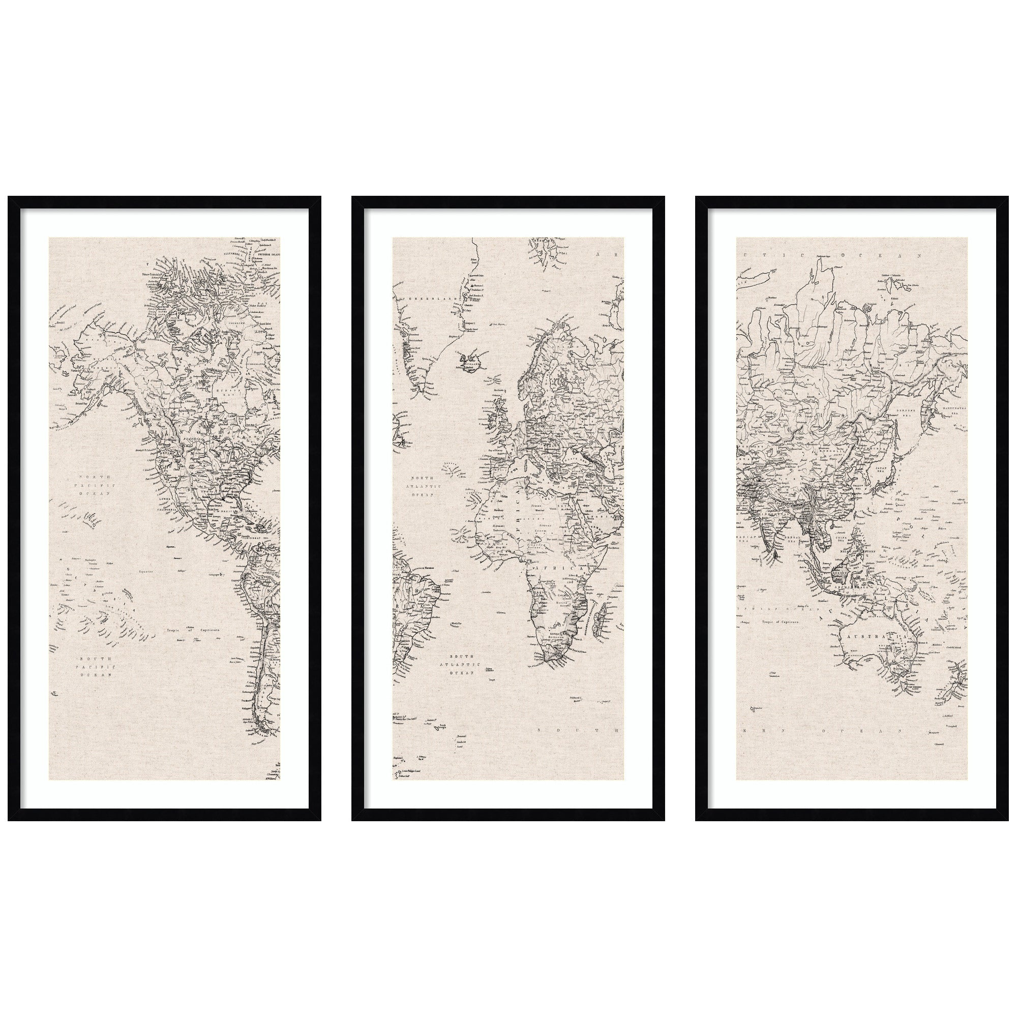 Vintage Black and White World Map Linen 3 Piece Framed Wall Art Print Set by The Creative Bunch Studio