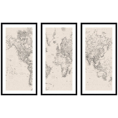 Vintage Black and White World Map Linen 3 Piece Framed Wall Art Print Set by The Creative Bunch Studio
