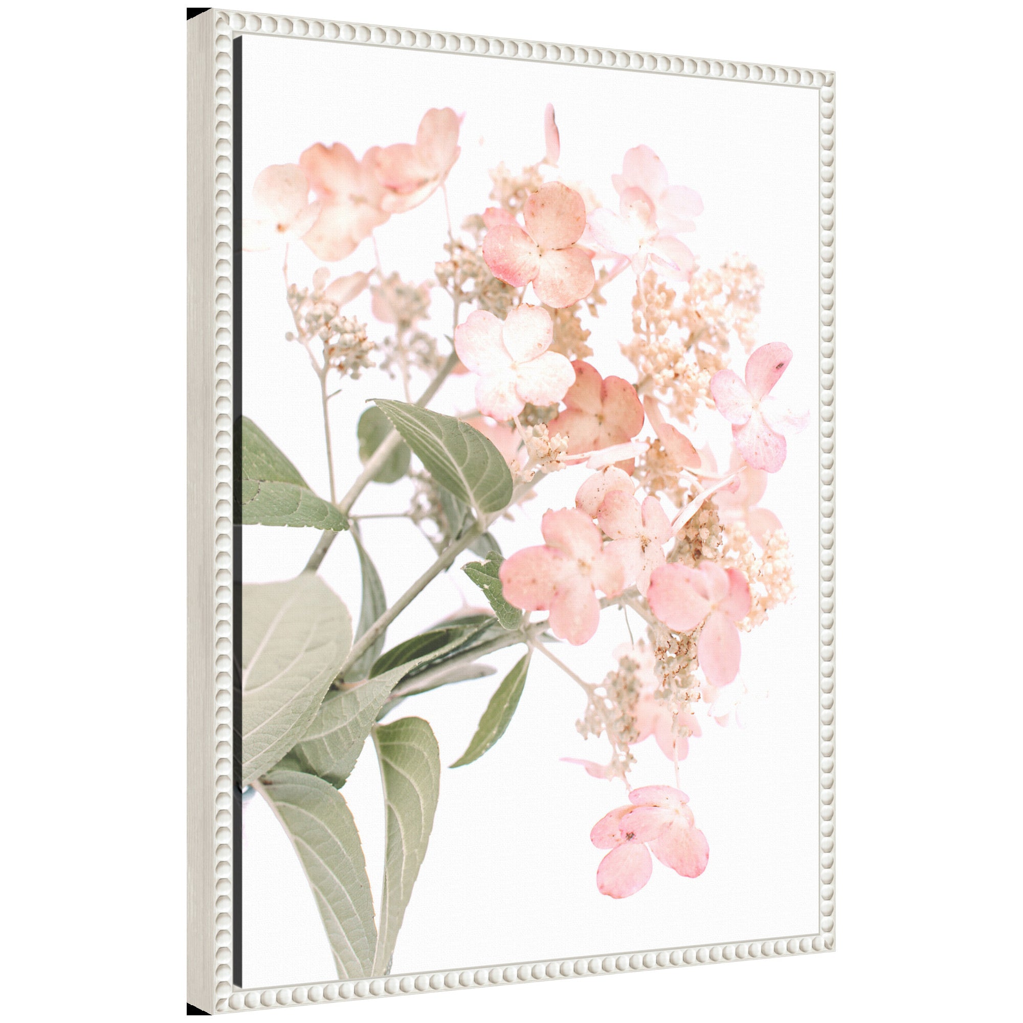 Sylvie Hydrangea floral artwork on a framed canvas with a vintage beaded frame