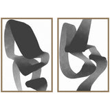Two framed abstract canvases with overlapping flowing black and gray curved shapes on white backgrounds creating dynamic contrasts.