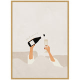 Minimalist illustration of two hands holding a black bottle and a glass, emerging from a light beige background with subtle text reading 'good morning'.