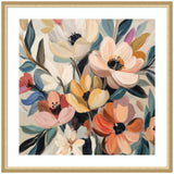 Abstract bouquet painting with large, soft pastel flowers in peach, cream, orange, and yellow, accented by blue and green leaves, framed in light wood.