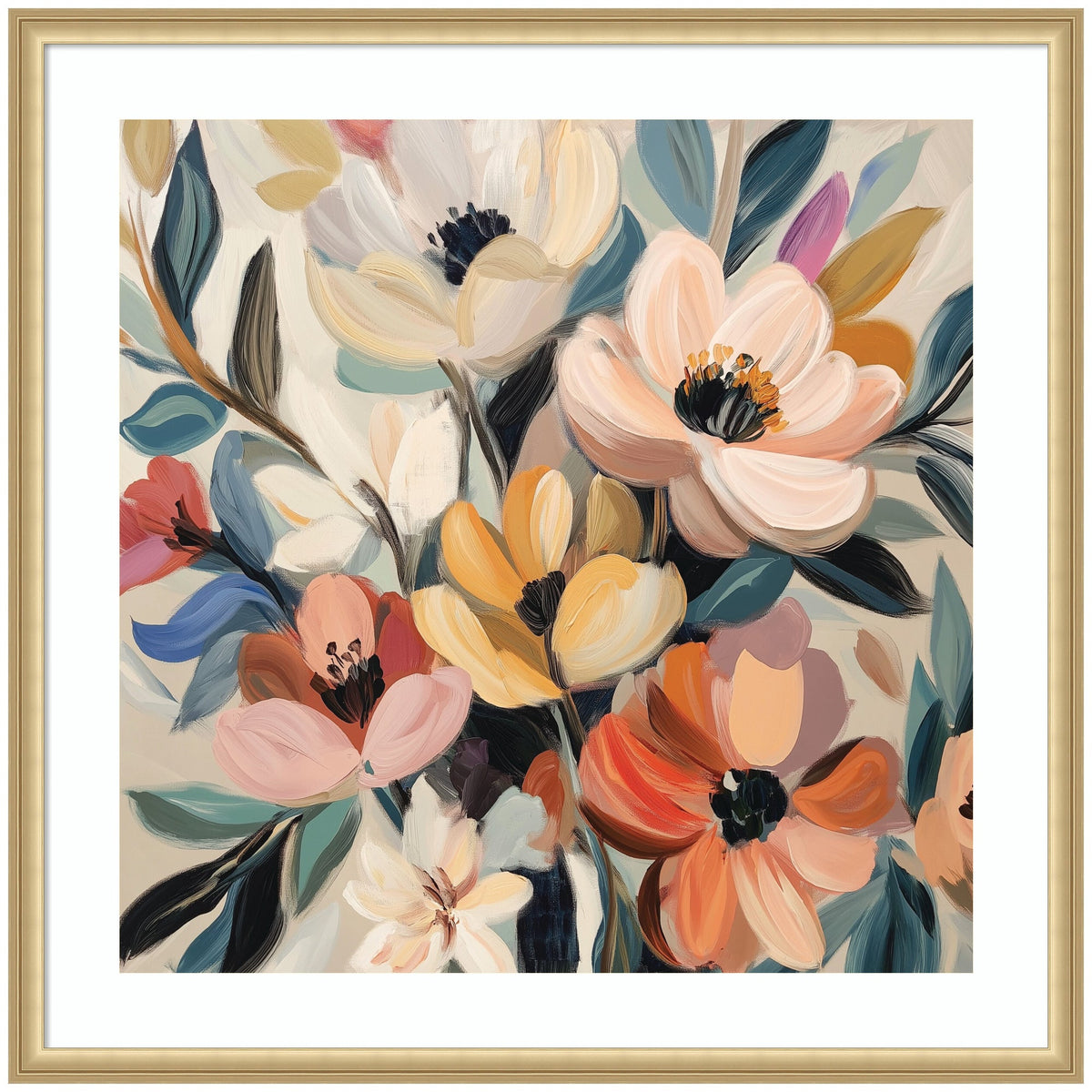 Abstract bouquet painting with large, soft pastel flowers in peach, cream, orange, and yellow, accented by blue and green leaves, framed in light wood.