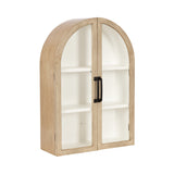 Wall cabinet with arched top, natural wood frame, two glass doors with black handles, and white interior shelves.