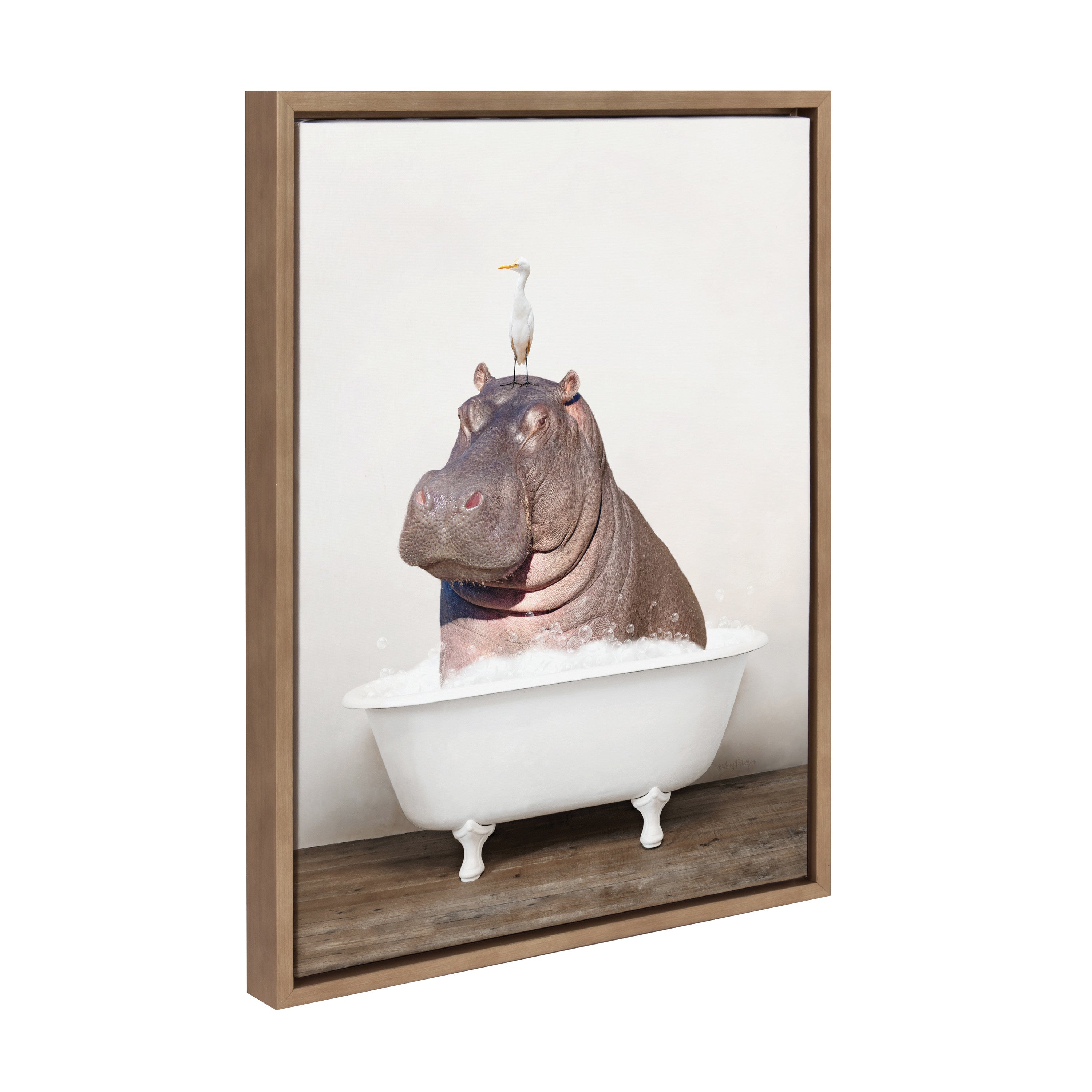Sylvie Hippo and Bird in Rustic Bath Framed Canvas