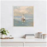 Framed pastel painting of a single sailboat on calm blue-gray water under a beige and light blue cloudy sky, hanging above a white desk with plants and books.