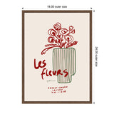 Framed minimalist artwork with red line flowers in a striped green vase and red handwritten text 'Les fleurs' on beige background, measuring 18 by 24 inches.