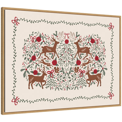 Sylvie Framed Canvas The Winter Woods by Vicky Yorke showing reindeer surrounded by red flowers and green foliage with festive bows and berries