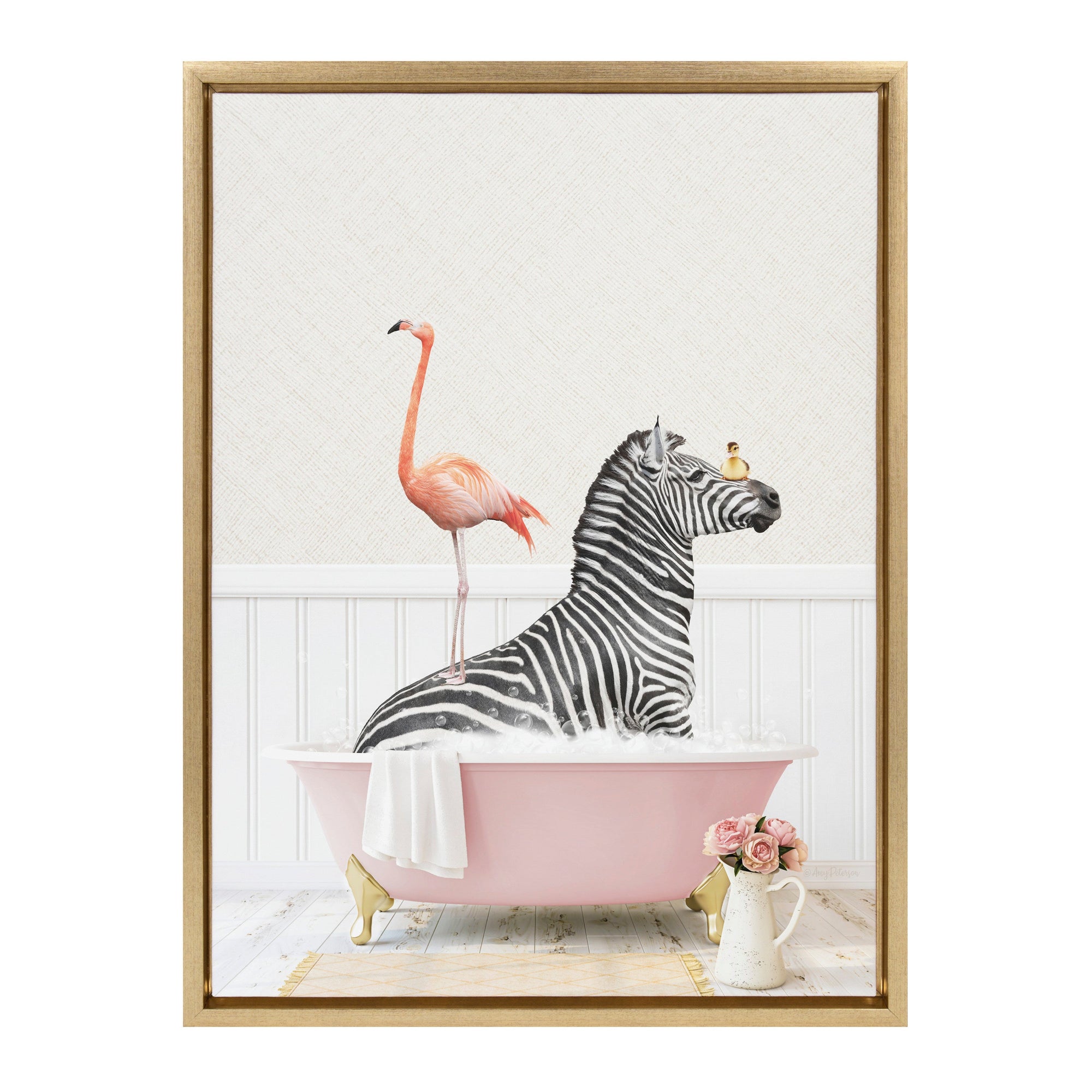 Sylvie Zebra and Flamingo in Cottage Rose Bathtub Framed Canvas by Amy Peterson