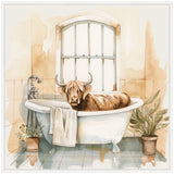 Watercolor painting of a brown Highland cow lounging in a white clawfoot bathtub, with a towel draped over the tub and two potted plants nearby.