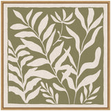 Framed minimalist botanical canvas with cream-colored leaf silhouettes on an olive green background, bordered by a natural linen texture and light wood frame.