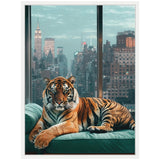 Large adult tiger with orange and black stripes lounging on a teal couch in front of a large window showing a city skyline with tall buildings under a blue sky.