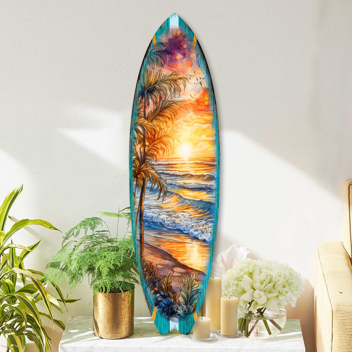 Surfboard-shaped coastal wall art with golden ocean waves and sunset design by G. DeBrekht