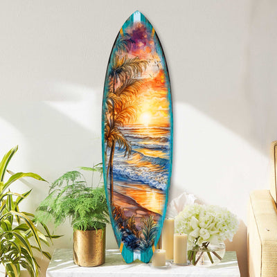 Surfboard-shaped coastal wall art with golden ocean waves and sunset design by G. DeBrekht
