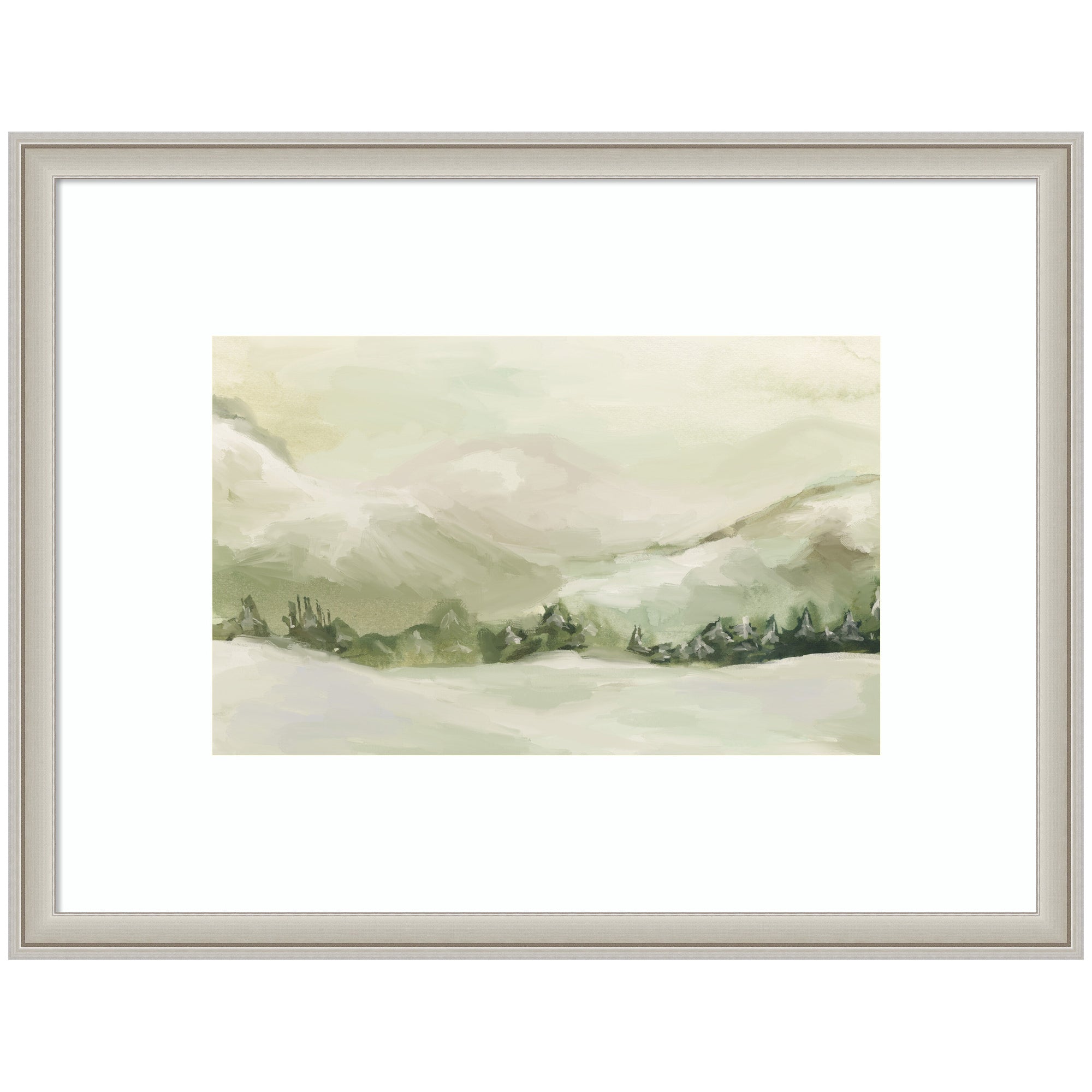 Framed winter landscape wall art print showing a snowy scene by Annie Quigley, available with Woodgrain Stripe Mocha or Florence Silver frames.