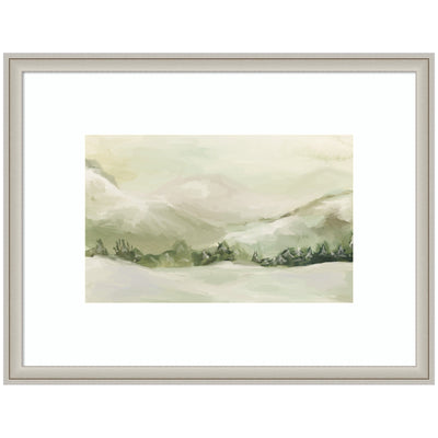 Framed winter landscape wall art print showing a snowy scene by Annie Quigley, available with Woodgrain Stripe Mocha or Florence Silver frames.