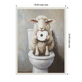 Painting of a fluffy sheep sitting on a white toilet holding a roll of toilet paper against a neutral gray wall, framed with a decorative white border.