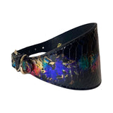 Wide black snake collar with glossy multi-color iridescent pattern and gold hardware, shown angled with curved shape and subtle texture detail.