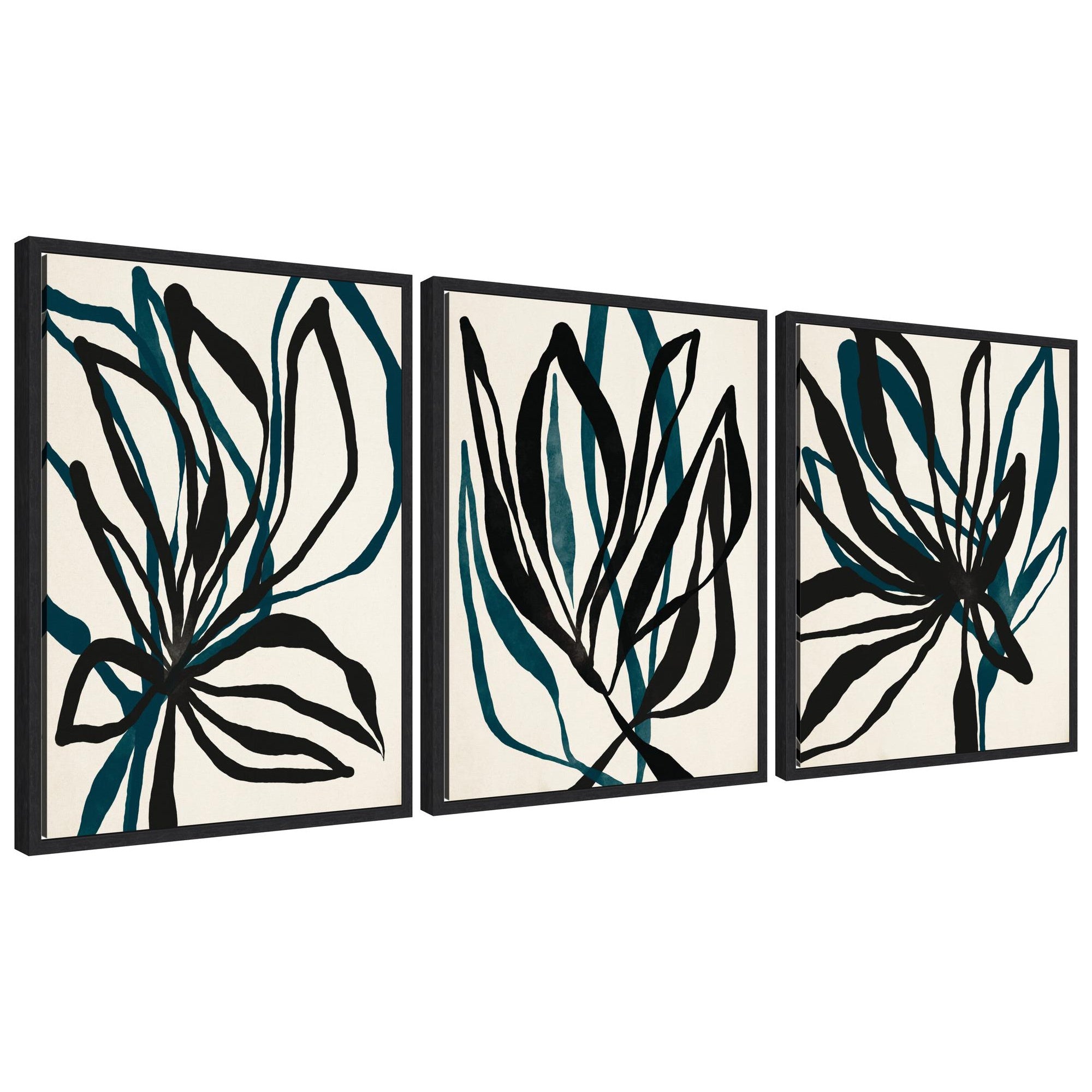 Sylvie Modern Floral 1, 2 and 3 Framed Canvas Art Set showing three abstract floral prints in polystyrene frames