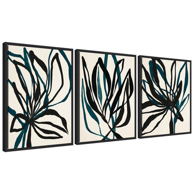 Sylvie Modern Floral 1, 2 and 3 Framed Canvas Art Set showing three abstract floral prints in polystyrene frames