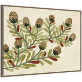 Framed Natures Charm No. 2 canvas wall art with detailed botanical illustration of branches, green leaves, and brown cones on cream background