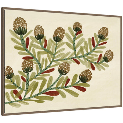 Framed Natures Charm No. 2 canvas wall art with detailed botanical illustration of branches, green leaves, and brown cones on cream background