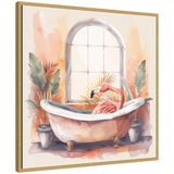 Pink flamingo sitting inside a white clawfoot bathtub surrounded by tropical plants with large green and orange leaves, under a tall arched window with soft pastel watercolor background.