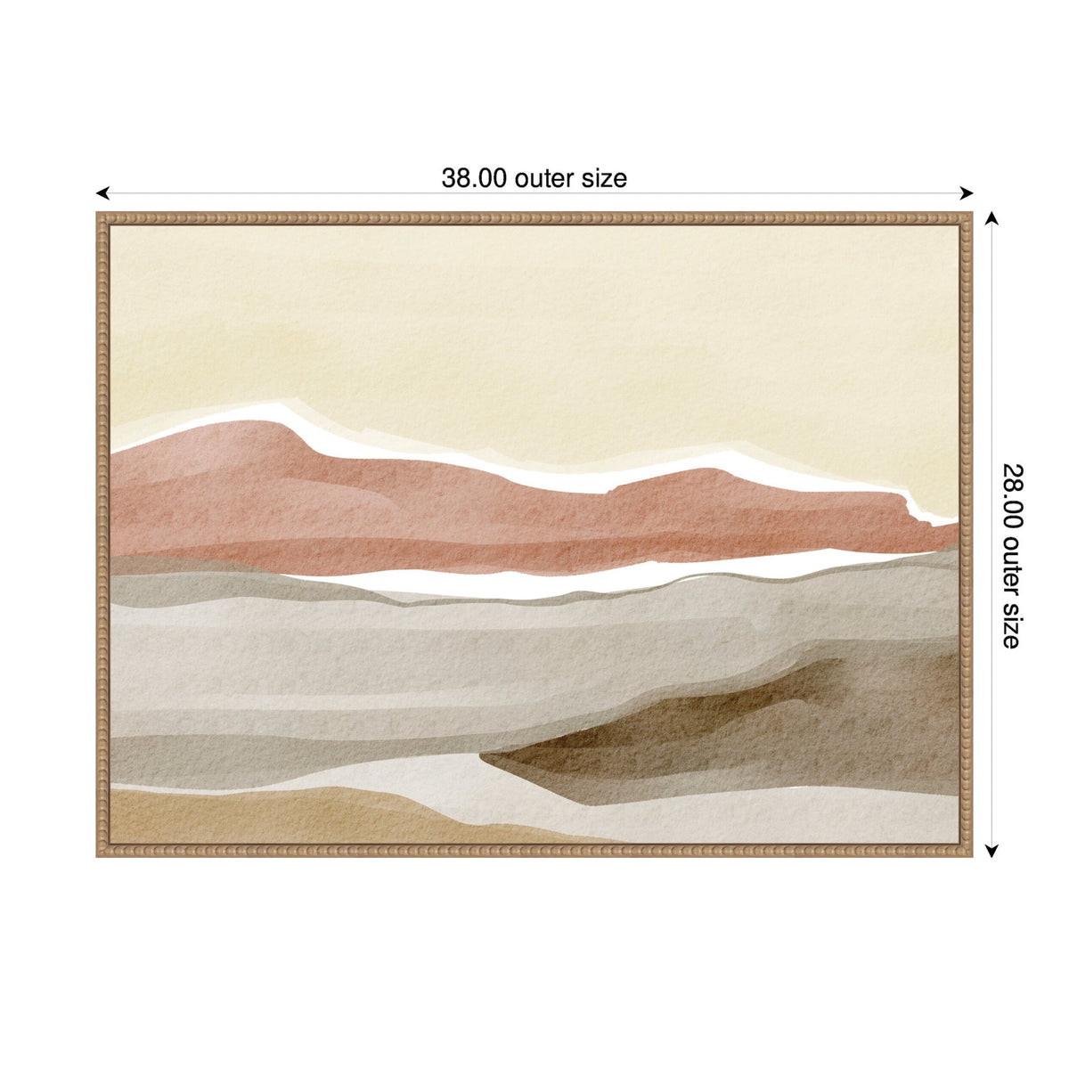Abstract landscape with layered horizontal bands in beige, pink, and brown tones, resembling hills, framed with a light wood frame and size markings.