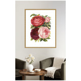 Framed Victorian-style floral artwork featuring detailed roses in red, dark burgundy, and pale pink with green leaves, hanging above a wooden coffee table between dark gray armchairs.