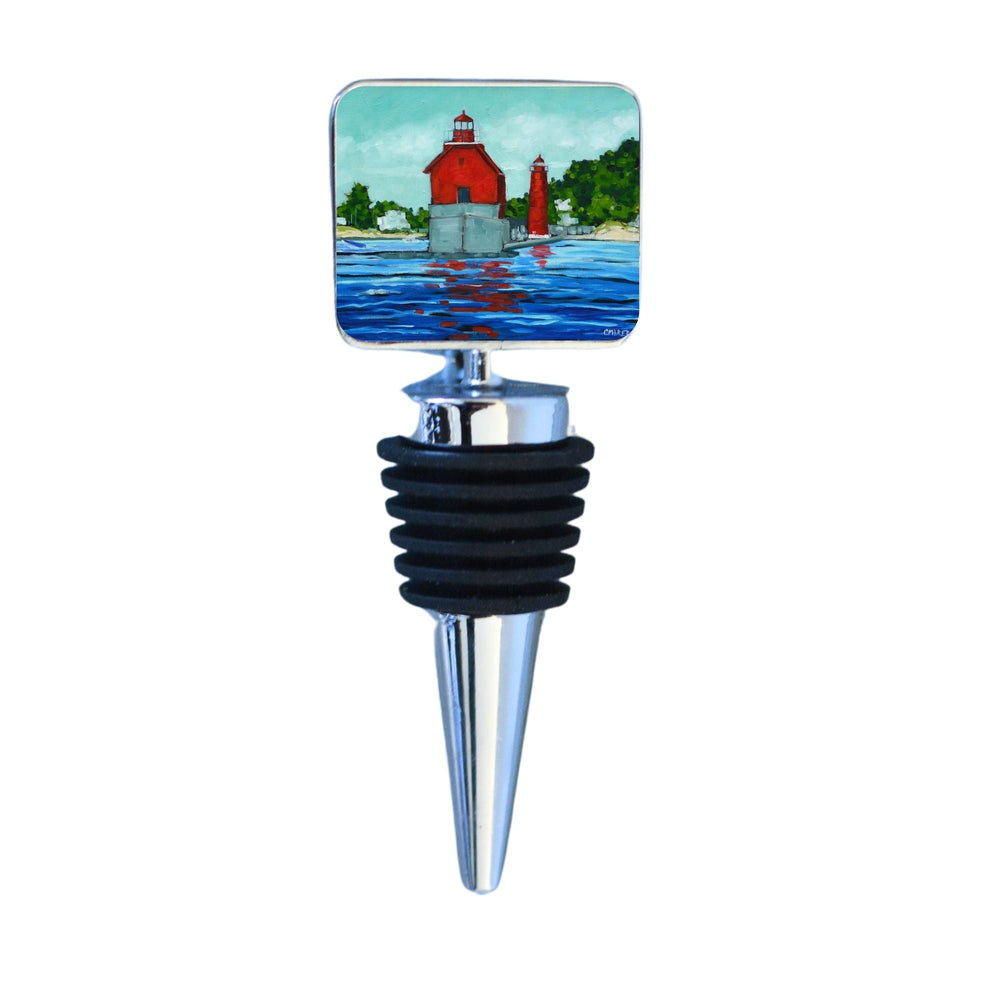 Wine bottle stopper with zinc-alloy decorative top depicting Lake View: Grand Haven Lighthouse artwork
