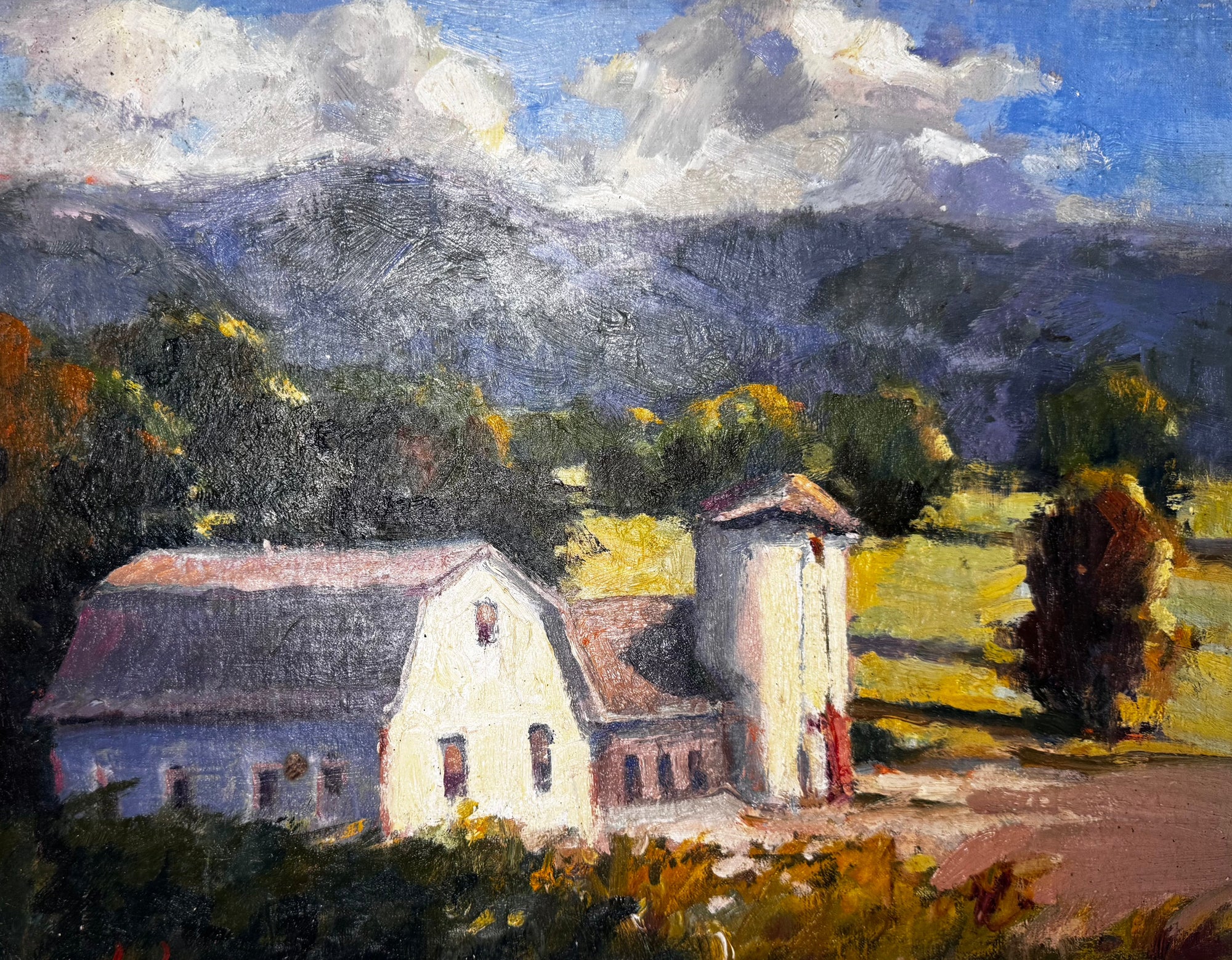 Original plein air painting 'Twenty Eight' by John Beard Collection showing coastal landscape on board in twilight tones
