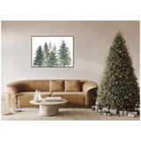 Living room with a tan curved sofa, round stone coffee table, framed watercolor painting of pine trees on beige wall, and decorated green Christmas tree with wrapped gifts.