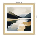 Abstract landscape painting depicting a serene mountain lake with muted blues, greens, beige, and black brushstrokes in a square frame with a gold border.