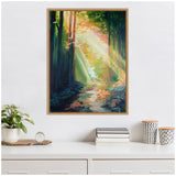 Framed painting of sunlit forest path with green, yellow, and orange foliage hung above a white desk decorated with a potted plant, books, and patterned containers.