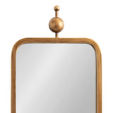 Rectangular mirror with rounded corners framed in warm bronze metal, topped by a decorative bronze sphere and small finial, shown against white background.