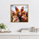 Framed square photograph of seven chickens closely grouped, with varied plumage colors and expressive faces against a partly cloudy sky background.