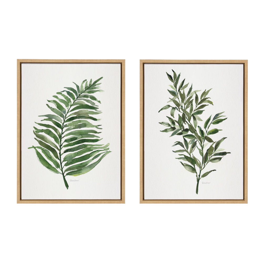 Sylvie Green Fern and Ruscus framed canvas art set showing two botanical prints framed in polystyrene floating frames