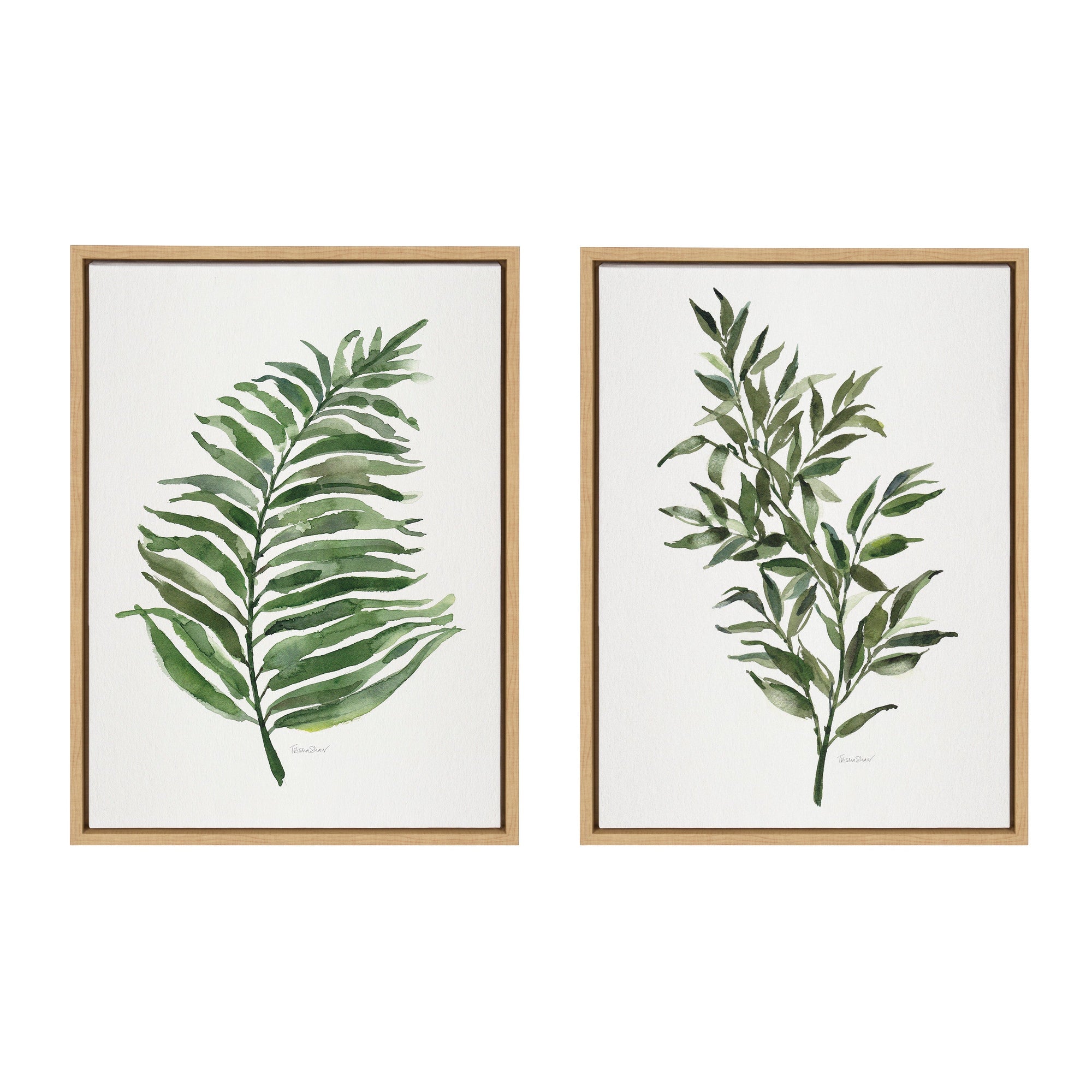 Sylvie Green Fern and Ruscus framed canvas art set showing two botanical prints framed in polystyrene floating frames