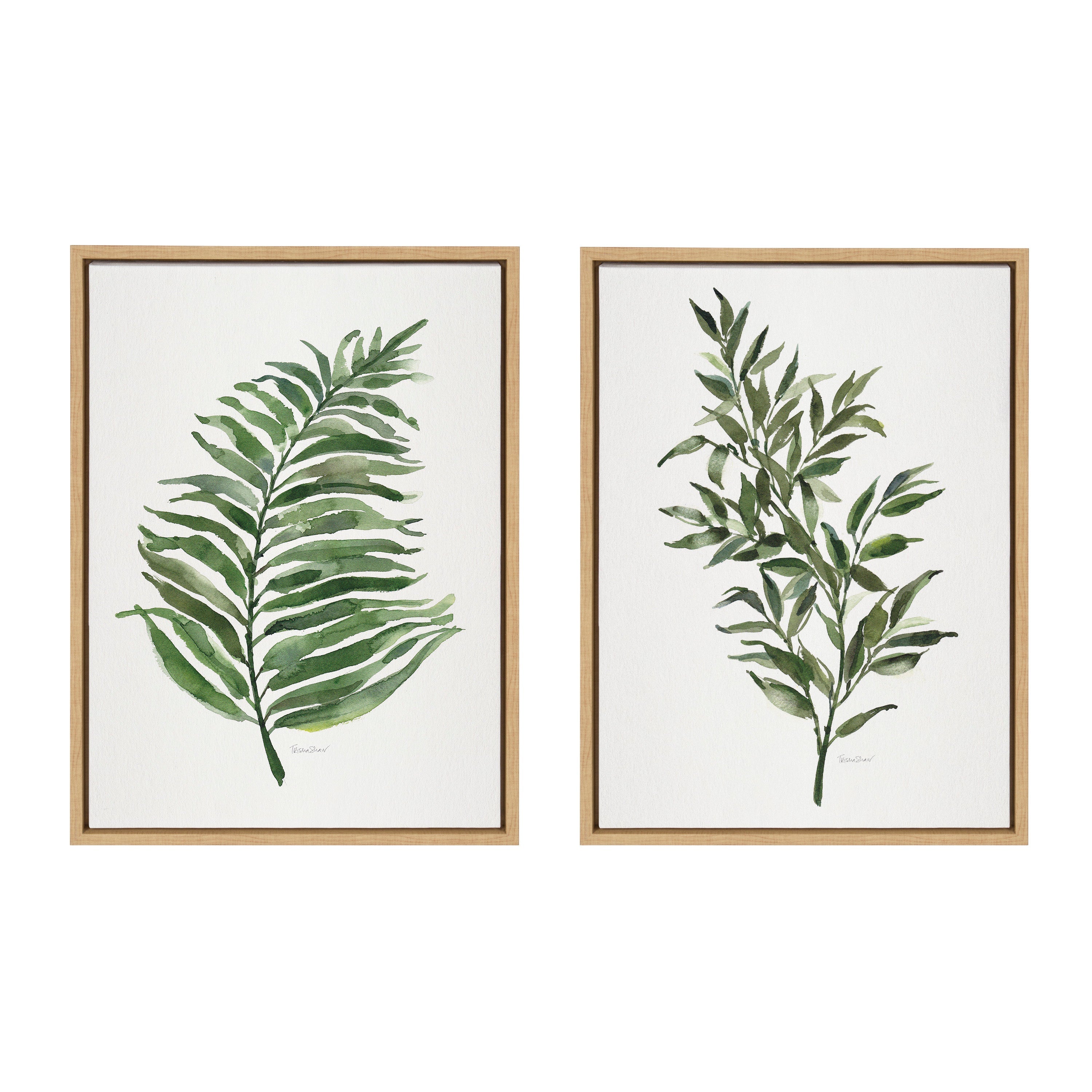 Sylvie Green Fern and Ruscus framed canvas art set showing two botanical prints framed in polystyrene floating frames