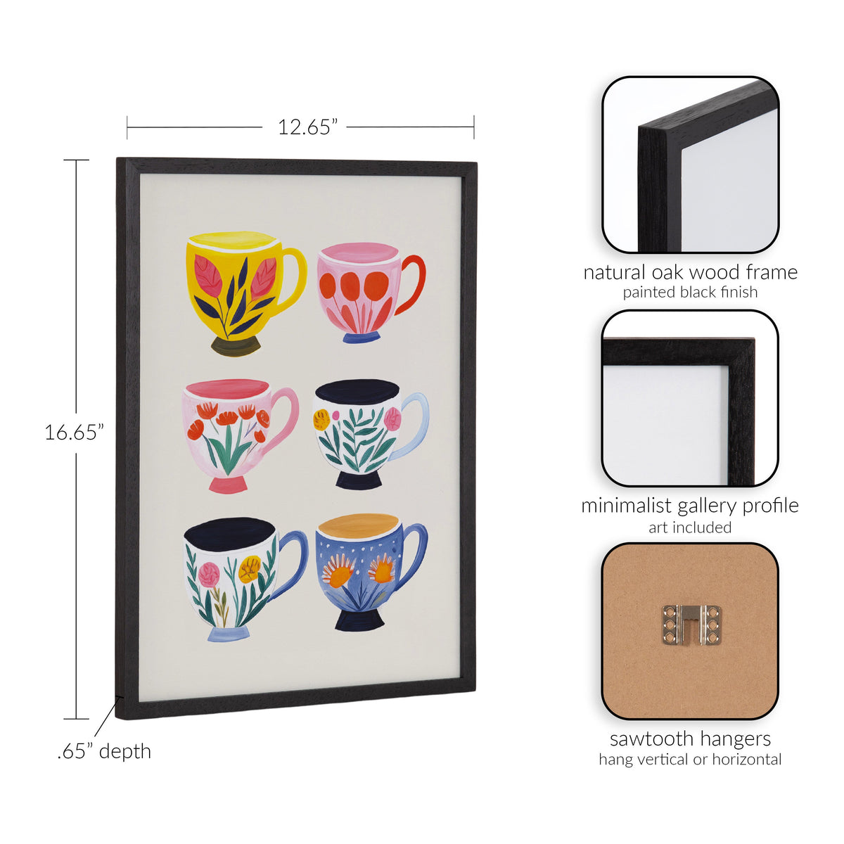 Framed print of six colorful illustrated tea cups with floral botanical designs in two columns of three, surrounded by a black painted oak frame with sawtooth hangers.