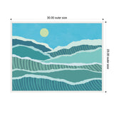 Abstract layered waves in various shades of blue and teal with curved striped patterns under a pale yellow sun on a light blue sky background, framed and measured 30x23 inches.