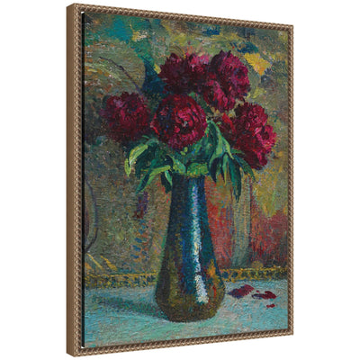 Framed canvas wall art showing red peonies in a vase