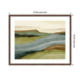 Abstract landscape artwork with flowing horizontal bands of muted greens, blues, browns, and beige, framed in a simple dark wood frame measuring 42 by 34 inches.