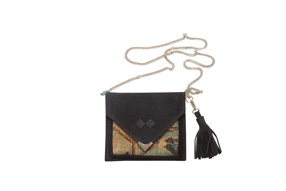 Handmade Rug Fragment Bag showing patterned rug fragment on vegetable suede with metal zipper