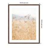 Framed art print of delicate wild fennel plants with beige stems and tiny clustered flowers against a soft, misty beige and blue background.