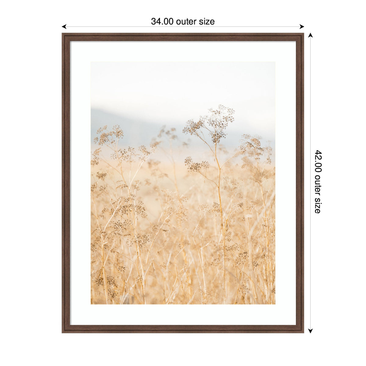 Framed art print of delicate wild fennel plants with beige stems and tiny clustered flowers against a soft, misty beige and blue background.