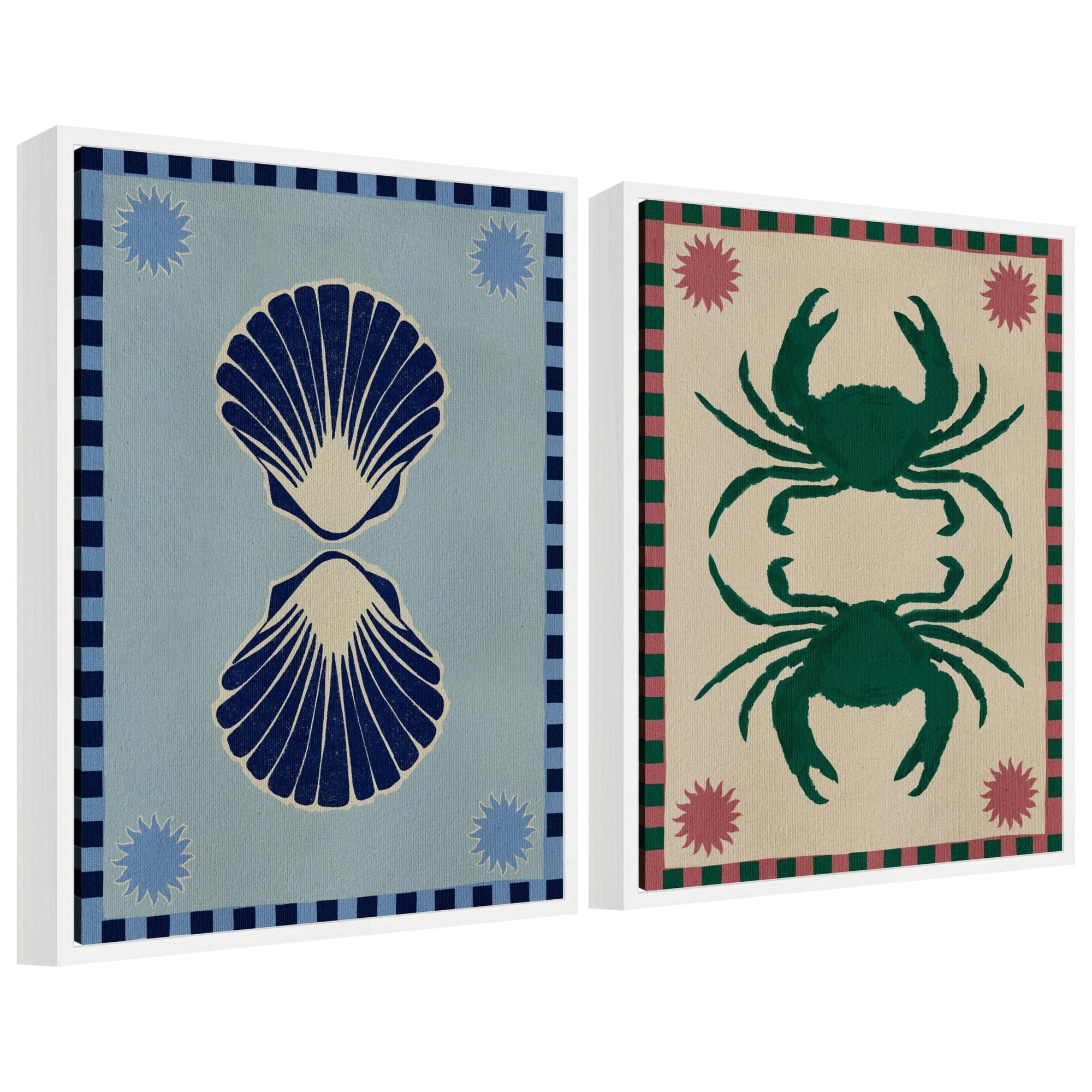 Sylvie Lush Duo Seashells and Crabs framed canvas art set showing seashell and crab designs with floating frames.